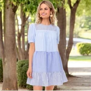 Tuckernuck Pomander Place Blue White Colorblock Preppy Stripe Quinn Dress Small